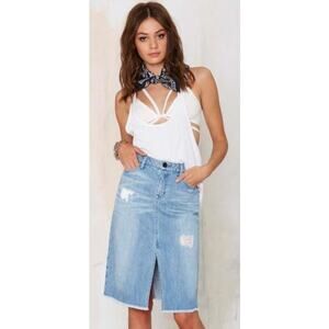 Etienne Marcel 24 Pencil Distressed Denim Jean Skirt Blue Wash Cotton Front Slit